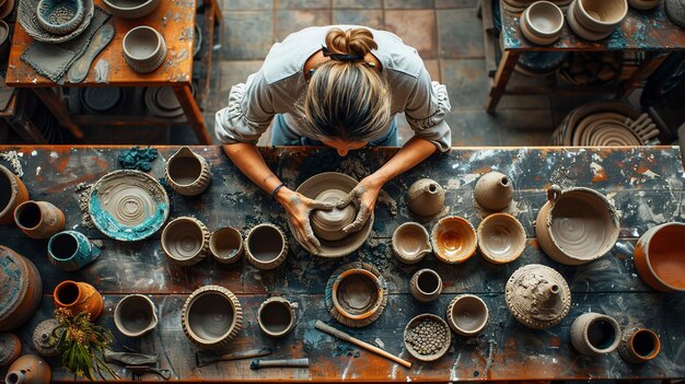 A young woman is seen working with clay on a wooden table to manufacture a bowl against hazy backdrop with a top view and space Generative AI