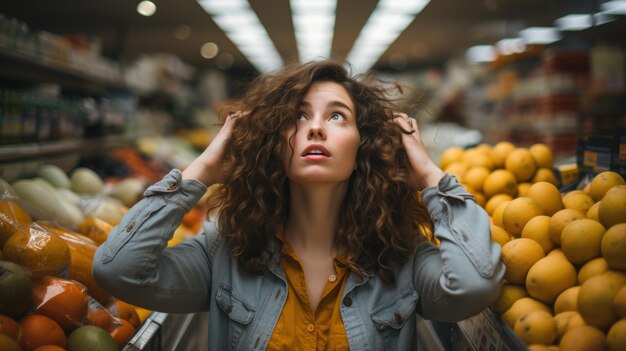 Foto una giovane donna sta facendo la spesa al supermercato ed è preoccupata per l'aumento dei prezzi dei prodotti alimentari