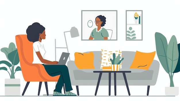 a young woman is sitting in a comfortable chair in her living room talking to her