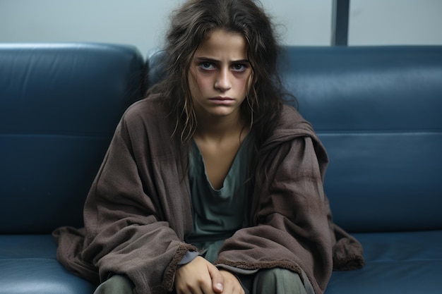 a young woman is sitting on a couch at night