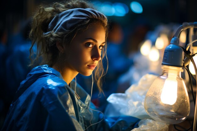 Young woman is sitting in dark room with light bulb