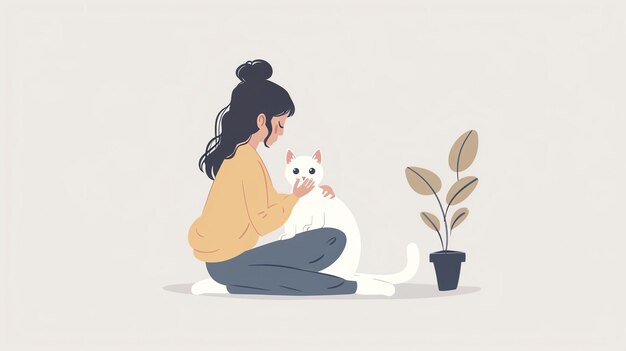 Photo a young woman is sitting on the floor with her cat she is wearing a yellow sweater and blue jeans the cat is white and has a gray nose