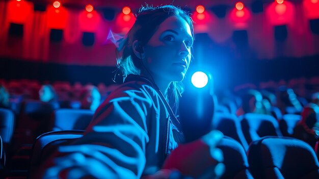 A young woman is sitting in a movie theater She is wearing a blue jacket and has her hair in a bun