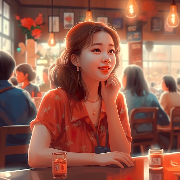 A young woman is sitting at a restaurant table in the style of snapshot aesthetic gongbi light red and light brown generat ai