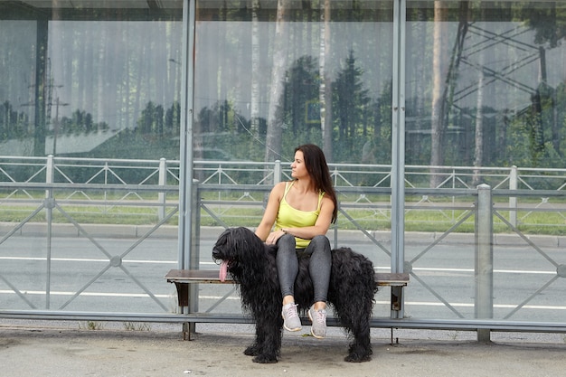 Young woman is sitting on tram station with her legs on back of black longhaired briard