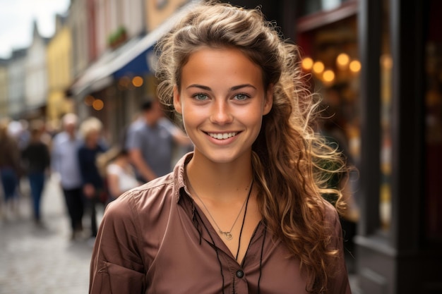 a young woman is smiling in front of a store