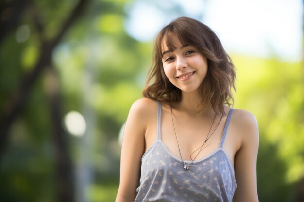 a young woman is smiling in the park