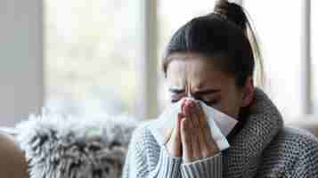 Photo young woman is sneezing or blowing her nose into a tissue