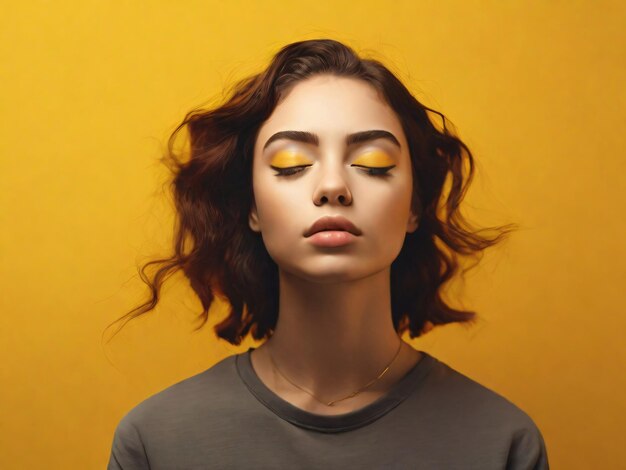 Young woman is standing against a yellow background with her eyes closed generative by Ai