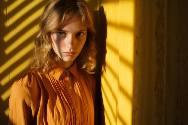 a young woman is standing in front of a yellow wall