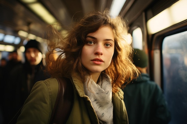 a young woman is standing on a subway train