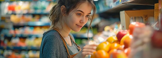 A young woman is stocking the grocery counter