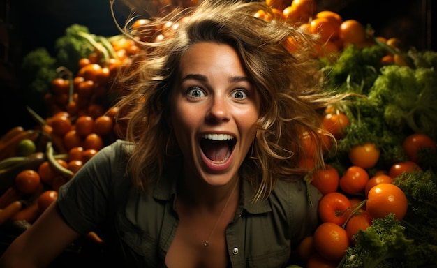 Photo young woman is surprised by huge amount of vegetables