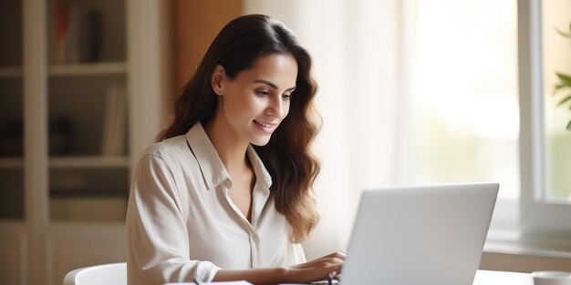 A young woman is talking to someone and taking notes during an online conversation