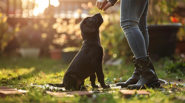 Photo a young woman is training her black labrador puppy to sit and stay in the backyard