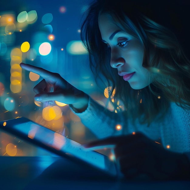 Foto una giovane donna sta usando un tablet al buio