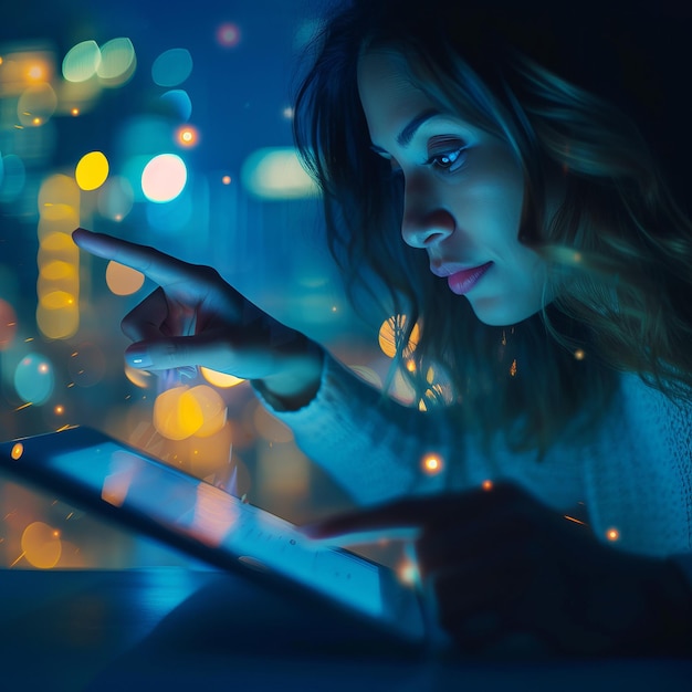 A young woman is using a tablet computer in the dark