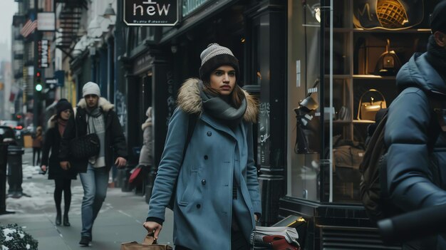 A young woman is walking down a busy city street She is wearing a blue coat and a gray beanie She is carrying a brown bag