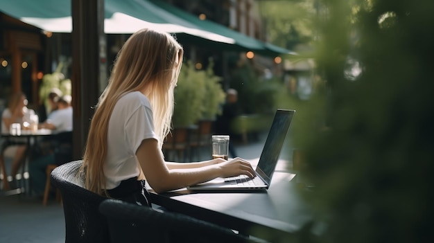 젊은 여성이 노트북 컴퓨터를 사용하여 야외 카페에서 일하고 있습니다.
