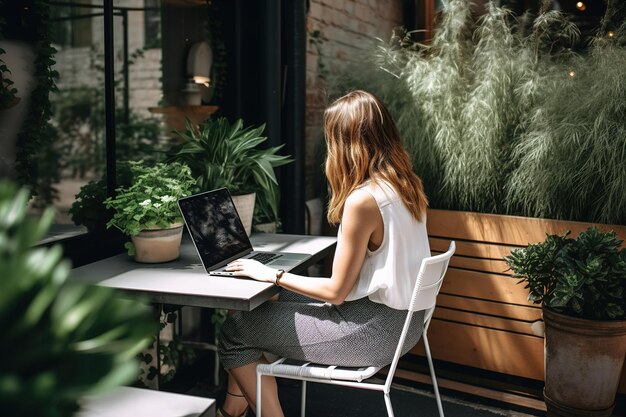 Молодая женщина работает удаленно на ноутбуке на открытом воздухе в саду, генерирующем искусственный интеллект