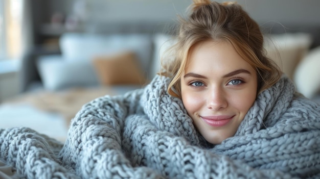  Premium Photo | A young woman is wrapped in a cozy blanket
