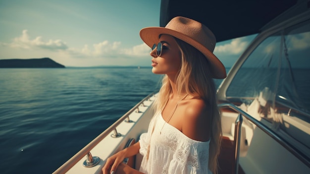 A young woman is on a yacht for a summer vacation Generative AI opulent boat cruises and sailing