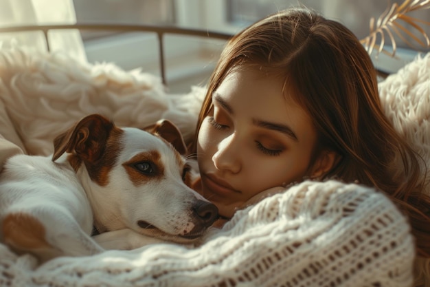 Young woman and Jack Russell Terrier at home