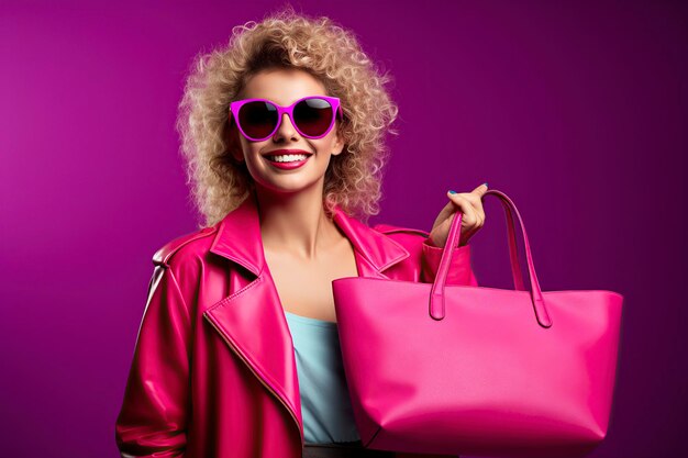 young woman in jacket and bag on pink