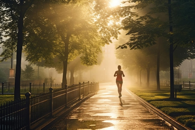 Young woman jogging in city park at early morning