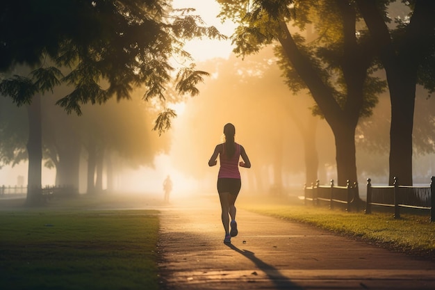 Young woman jogging in city park at early morning