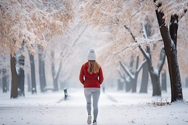 写真 夜明けに雪に覆われた道でジョギングをしている若い女性