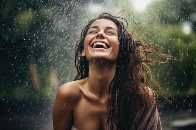 젊은 여자는 기으로 비를 포옹하며 자연에서 행복과 모험의 순결을 찾습니다.