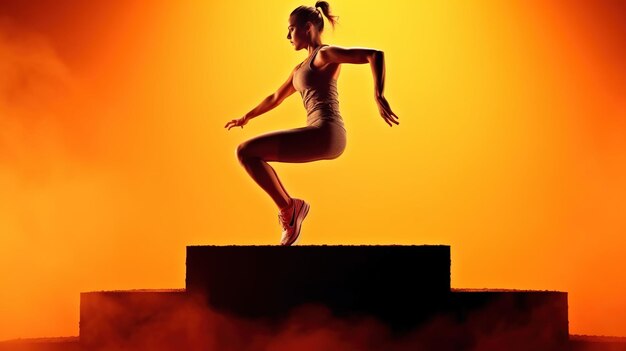 Young woman jumping over isolated yellow wall