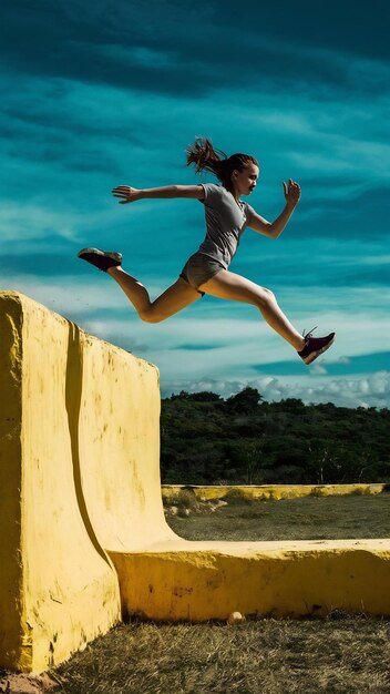 Young woman jumping over isolated yellow wall