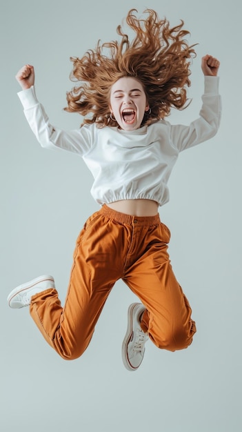 Photo young woman jumping for joy with fists raised in excitement