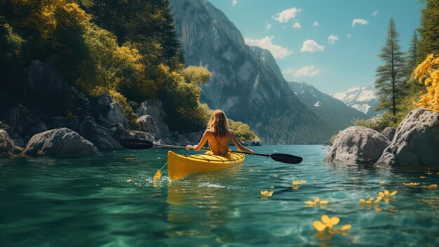 Young woman kayaking on the lake