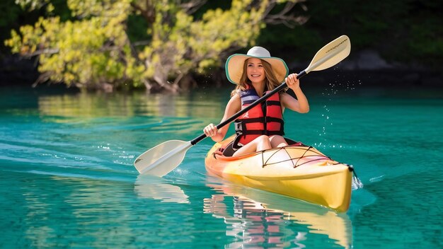 Young woman kayaking on the lake