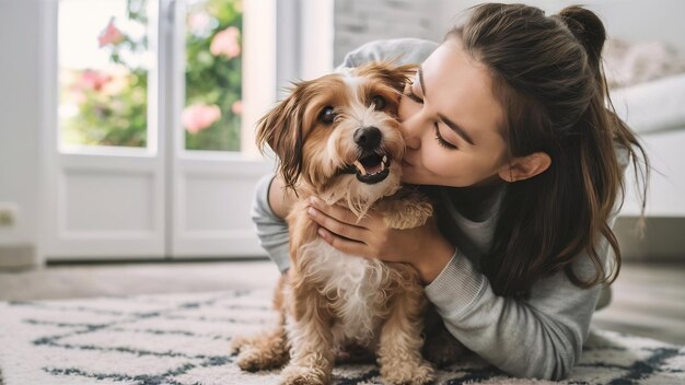 Young woman kissing her cute dog