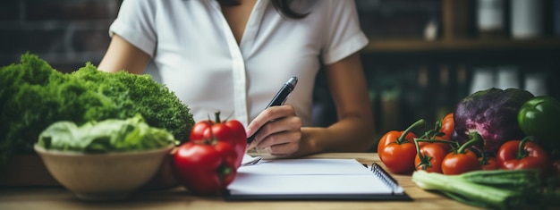 Young woman in kitchen with notebook writing and thinking about healthy foodAIGenerative AI