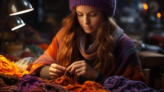 young woman knitting wool