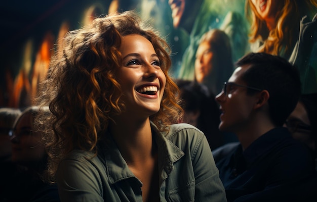 Photo young woman laughing at comedy show