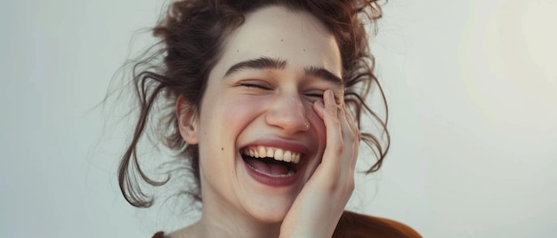 Young woman laughing heartily her carefree joy illuminated by soft natural light