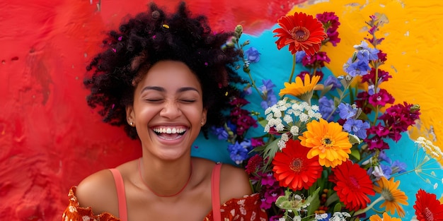 Foto una giovane donna che ride gioiosamente mentre tiene in mano un bouquet di fiori colorati concept outdoor photoshoot colorful props joyful portraits playful poses floral bouquet