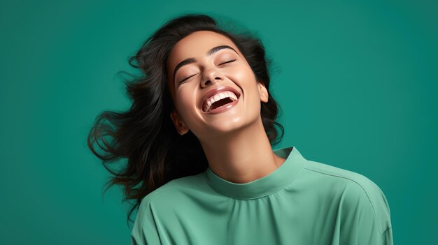 Young woman laughs against a blue background