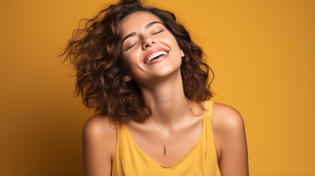 Young woman laughs against a yellow background