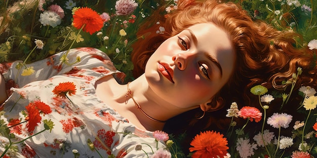 a young woman laying in a field of flowers in the style of photorealistic portraits