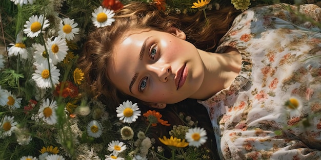 a young woman laying in a field of flowers in the style of photorealistic portraits