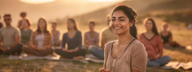 Foto giovane donna che guida un gruppo di persone in una sessione di yoga della risata sulla cima di una montagna all'alba le loro risate