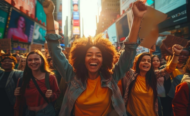 Young woman leads group of demonstrators through Times Square at protest for womens rights