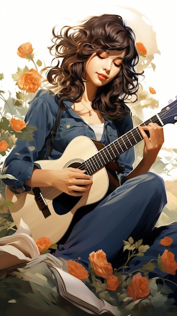 Young Woman Learning Guitar Flat Illustration on White Background AI Generated